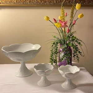 Vintage Colony Harvest🍇 Milk Glass Lg 🍎🍊🍇🍏🍐🥭bowl on pedestal & pair of🕯️